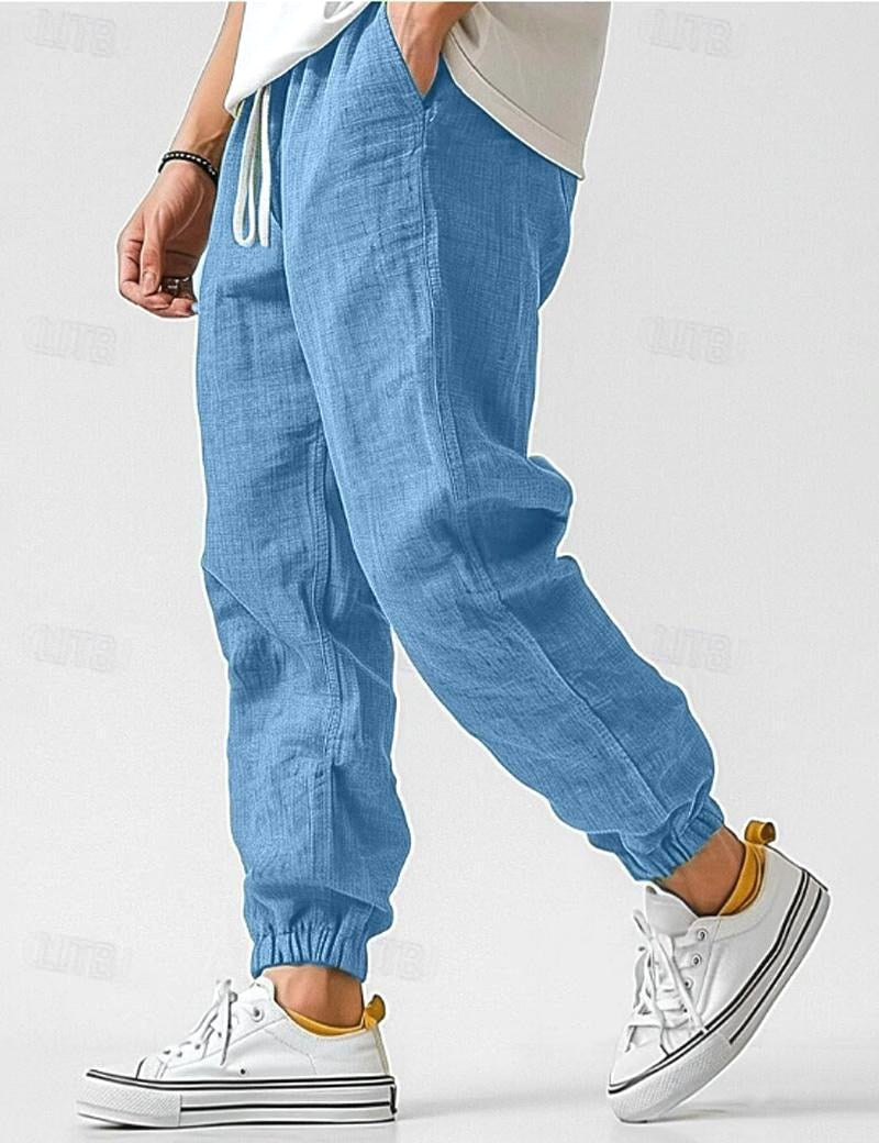 Owen | Men's Linen Relaxed Fit Jogger Trousers, Tapered Ankle Trousers | My Sweet Wardrobe | Blue