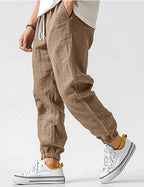 Owen | Men's Linen Relaxed Fit Jogger Trousers, Tapered Ankle Trousers | My Sweet Wardrobe | Khaki