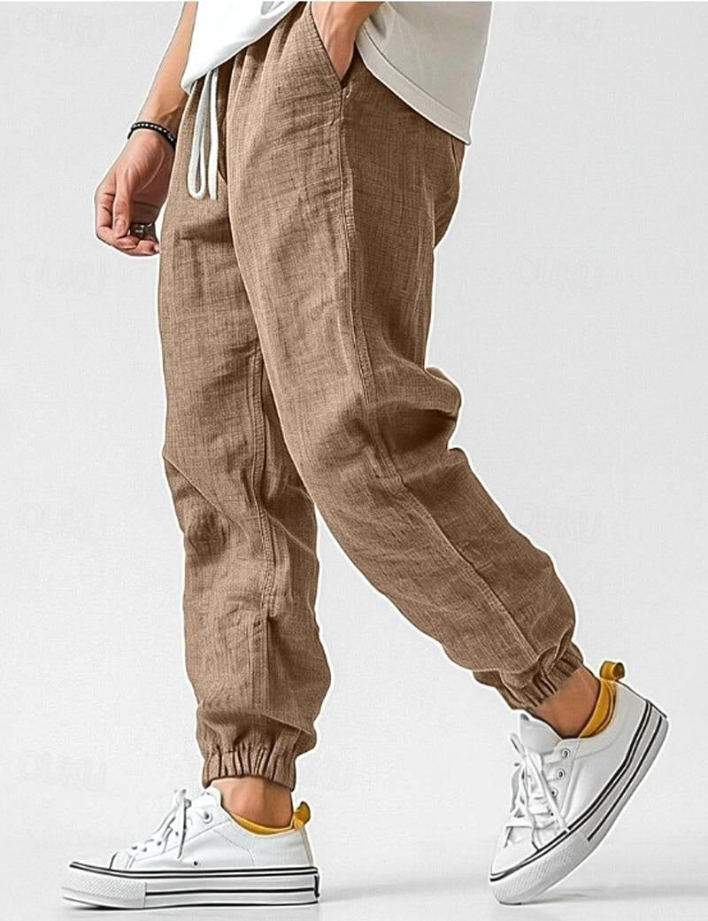Owen | Men's Linen Relaxed Fit Jogger Trousers, Tapered Ankle Trousers | My Sweet Wardrobe | Khaki