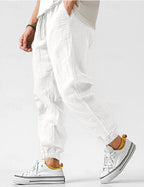 Owen | Men's Linen Relaxed Fit Jogger Trousers, Tapered Ankle Trousers | My Sweet Wardrobe | White
