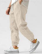 Owen | Men's Linen Relaxed Fit Jogger Trousers, Tapered Ankle Trousers | My Sweet Wardrobe | Beige