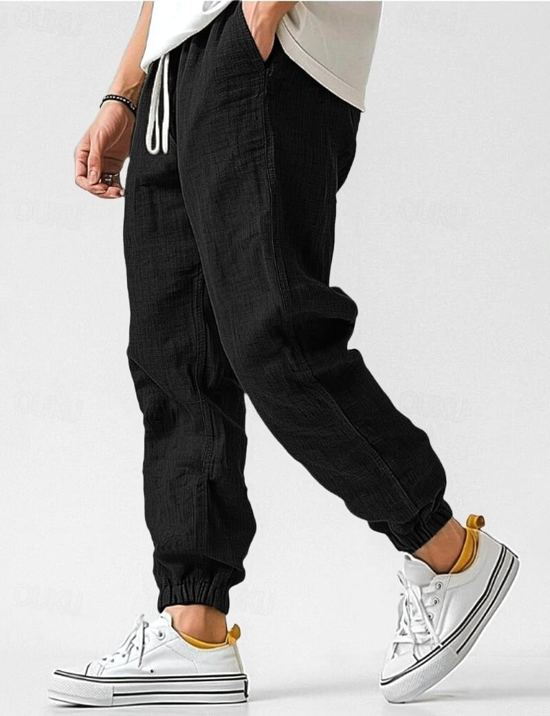 Owen | Men's Linen Relaxed Fit Jogger Trousers, Tapered Ankle Trousers | My Sweet Wardrobe | Black