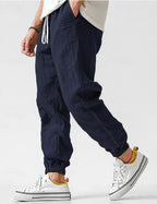 Owen | Men's Linen Relaxed Fit Jogger Trousers, Tapered Ankle Trousers | My Sweet Wardrobe | Navy