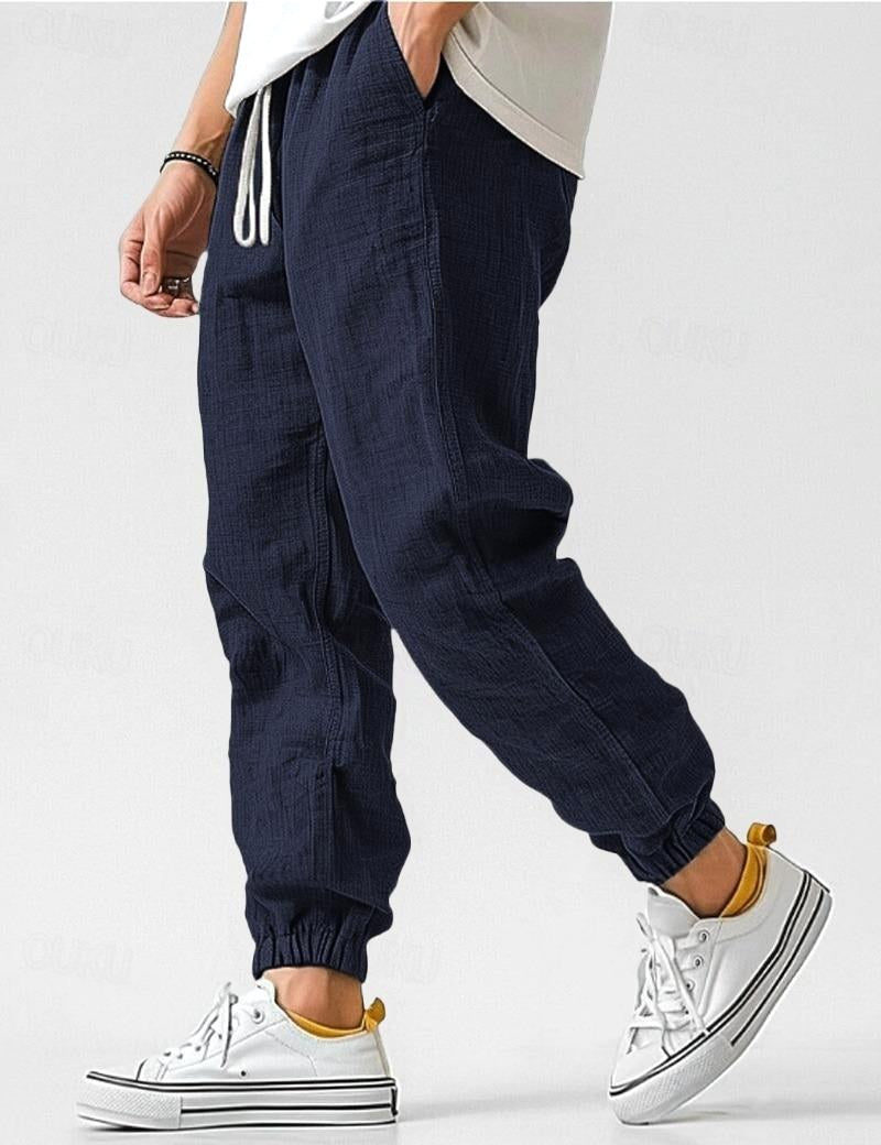 Owen | Men's Linen Relaxed Fit Jogger Trousers, Tapered Ankle Trousers | My Sweet Wardrobe | Navy