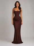 Penelope | Women's Bodycon Draped Corset Maxi Dress, Sculpted Silhouette Evening Dress | My Sweet Wardrobe | Brown