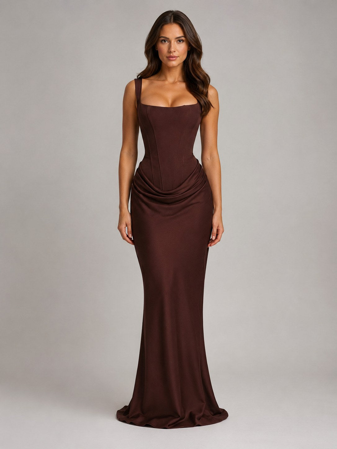 Penelope | Women's Bodycon Draped Corset Maxi Dress, Sculpted Silhouette Evening Dress | My Sweet Wardrobe | Brown