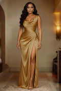 Renee | Women's Satin Maxi Dress with Draping and Side Slit, Elegant Evening Gown | My Sweet Wardrobe