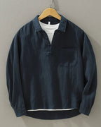 Rory | Men's Cotton-Linen Popover Shirt, Half-Button Relaxed Shirt | My Sweet Wardrobe | Navy