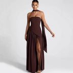 Sabine | Women's Strapless Maxi Dress with Leg Split, Formal Wedding Guest Dress | My Sweet Wardrobe | Red