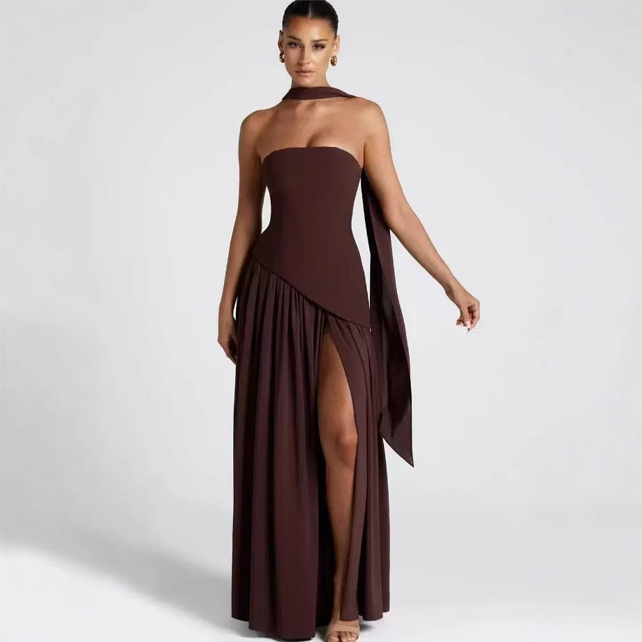 Sabine | Women's Strapless Maxi Dress with Leg Split, Formal Wedding Guest Dress | My Sweet Wardrobe | Red