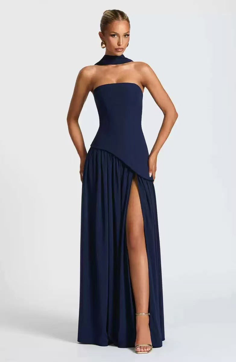 Sabine | Women's Strapless Maxi Dress with Leg Split, Formal Wedding Guest Dress | My Sweet Wardrobe | Dark blue