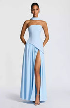 Sabine | Women's Strapless Maxi Dress with Leg Split, Formal Wedding Guest Dress | My Sweet Wardrobe | Brown