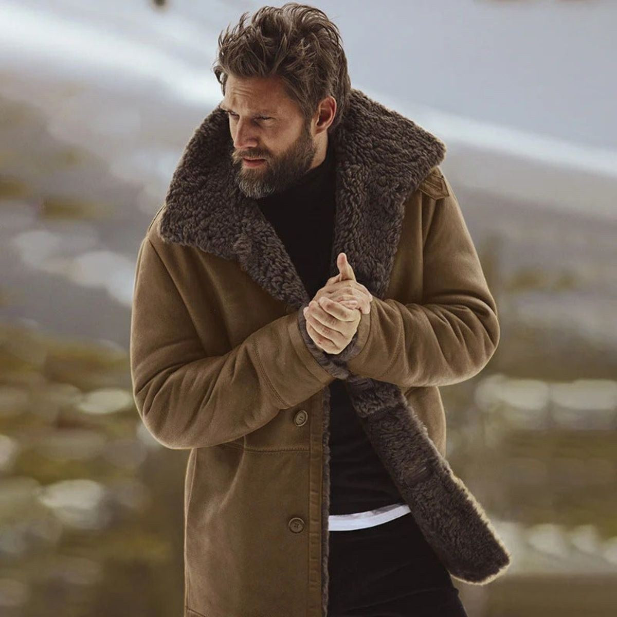 Sawyer | Men's Shearling Collar Overcoat, Tailored Winter Coat | My Sweet Wardrobe