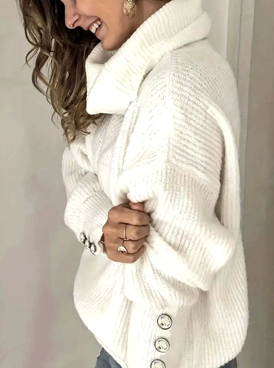 Scarlett | Women's Ribbed Knit Jumper with Cowl Collar and Cuff Buttons, Structured Knit Jumper | My Sweet Wardrobe | White