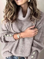 Scarlett | Women's Ribbed Knit Jumper with Cowl Collar and Cuff Buttons, Structured Knit Jumper | My Sweet Wardrobe | White