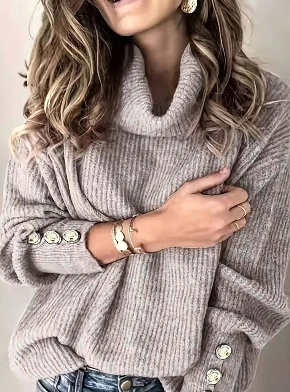 Scarlett | Women's Ribbed Knit Jumper with Cowl Collar and Cuff Buttons, Structured Knit Jumper | My Sweet Wardrobe | White