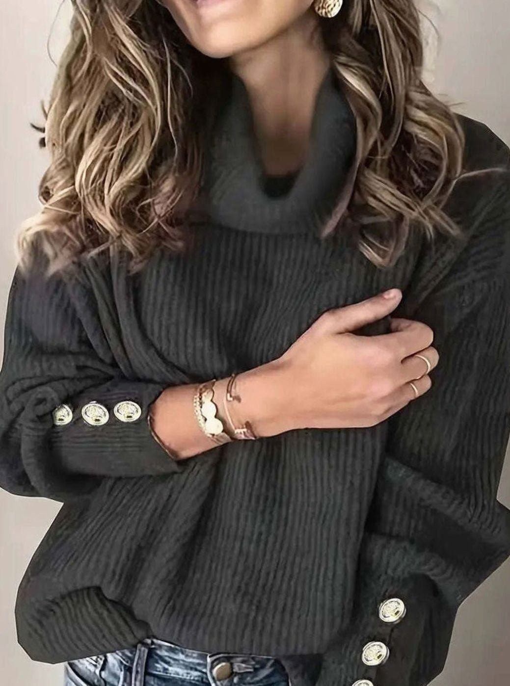 Scarlett | Women's Ribbed Knit Jumper with Cowl Collar and Cuff Buttons, Structured Knit Jumper | My Sweet Wardrobe | White