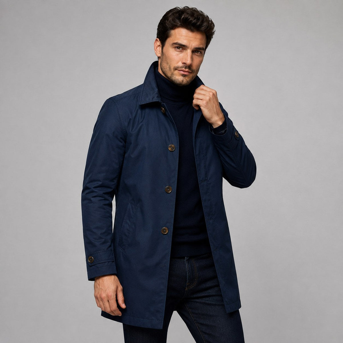 Scott | Men's Tailored Longline Coat, Button Front Overcoat | My Sweet Wardrobe | Navy