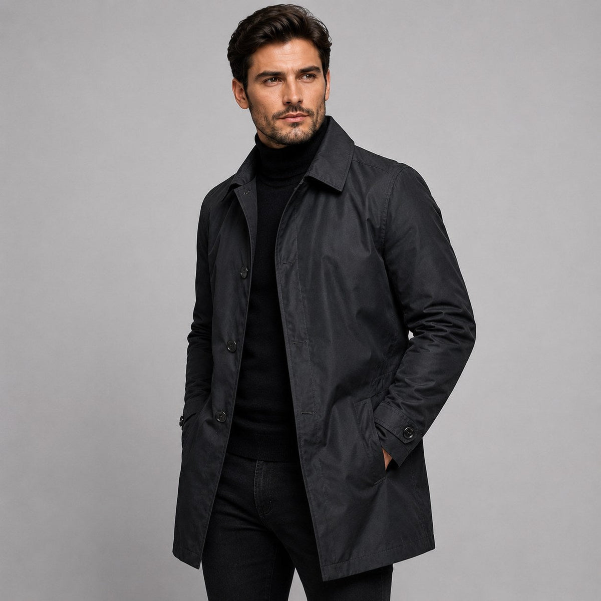 Scott | Men's Tailored Longline Coat, Button Front Overcoat | My Sweet Wardrobe | Black