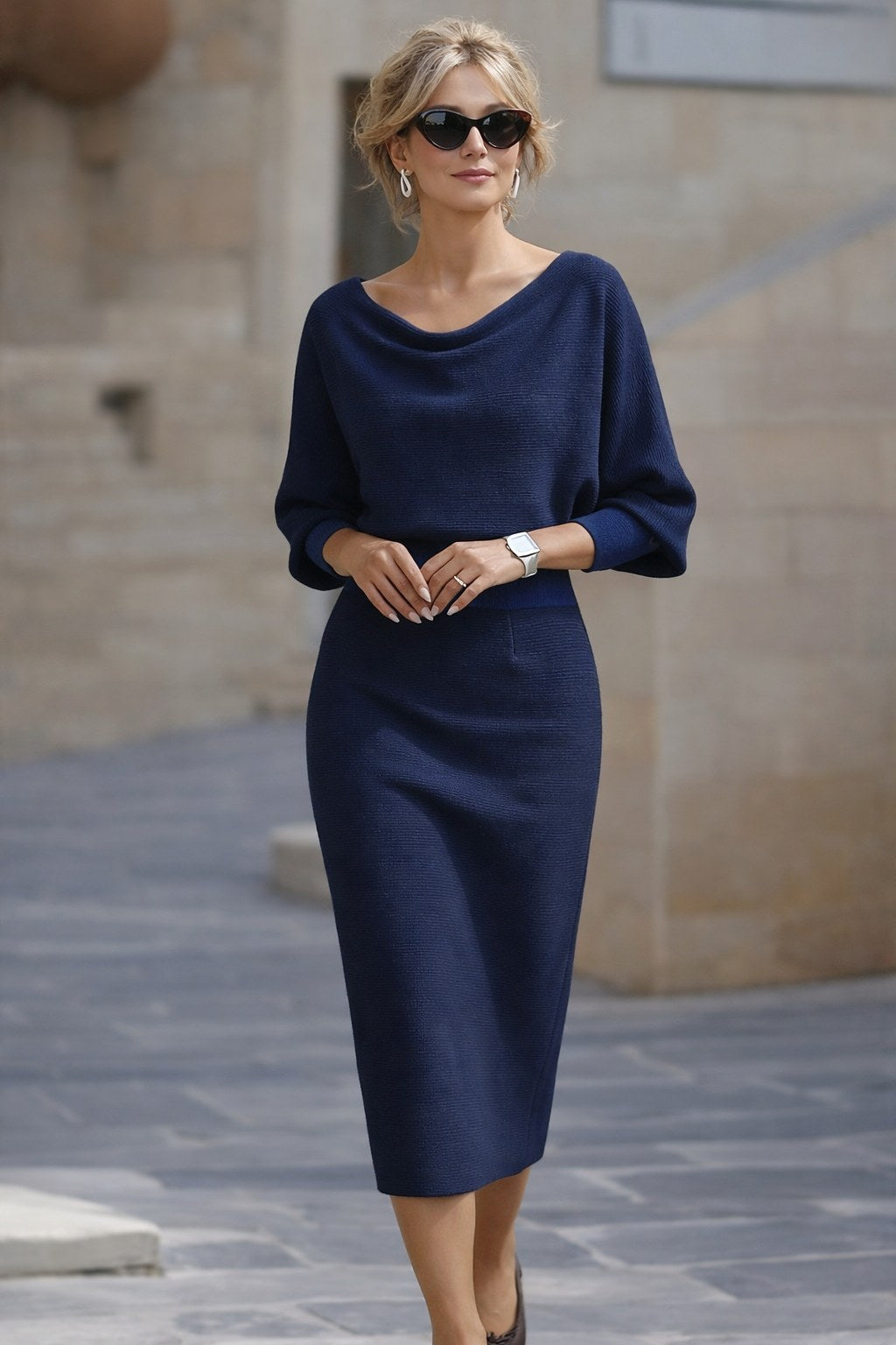 Sylvie | Women's Midi Dress with Round Neckline, Flowing Draped Midi Dress | My Sweet Wardrobe