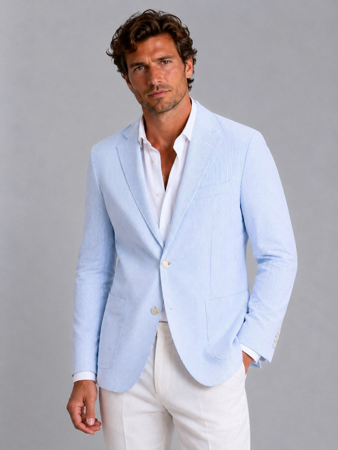 Shaun | Men's Striped Tailored Blazer, Lightweight Suit Jacket | My Sweet Wardrobe | Light Blue