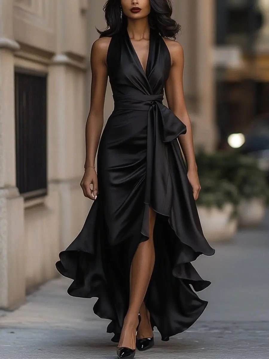 Solange | Women's Halterneck Wrap Maxi Dress, Asymmetrical Evening Dress | My Sweet Wardrobe