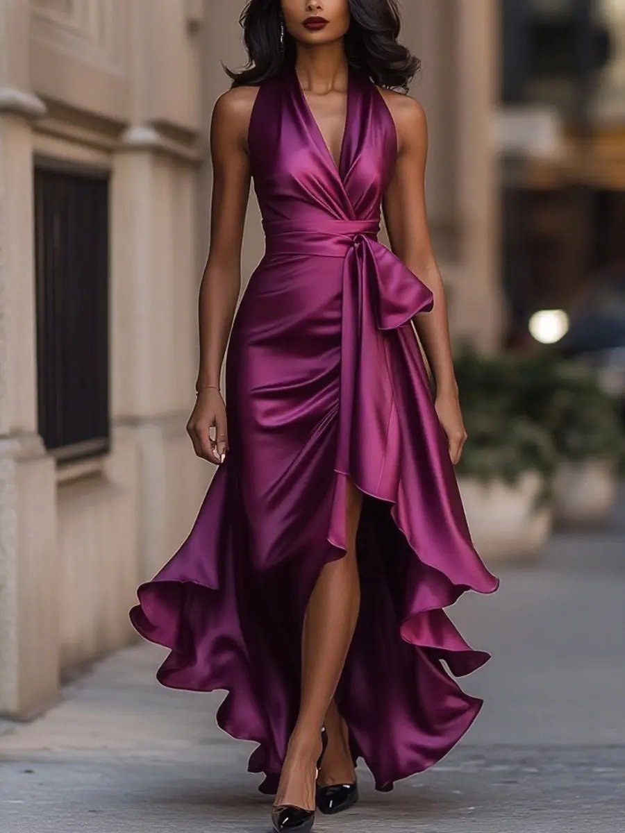 Solange | Women's Halterneck Wrap Maxi Dress, Asymmetrical Evening Dress | My Sweet Wardrobe