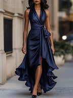 Solange | Women's Halterneck Wrap Maxi Dress, Asymmetrical Evening Dress | My Sweet Wardrobe | Champagne