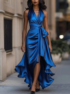 Solange | Women's Halterneck Wrap Maxi Dress, Asymmetrical Evening Dress | My Sweet Wardrobe | Fuchsia