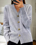 Sylvie | Women's V-Neck Button-Front Cardigan, Long Sleeve Ribbed Knit Cardigan | My Sweet Wardrobe | Grey