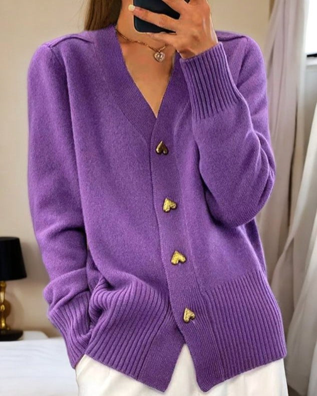 Sylvie | Women's V-Neck Button-Front Cardigan, Long Sleeve Ribbed Knit Cardigan | My Sweet Wardrobe | Violet