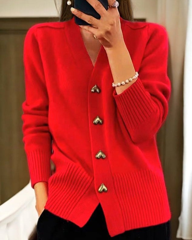 Sylvie | Women's V-Neck Button-Front Cardigan, Long Sleeve Ribbed Knit Cardigan | My Sweet Wardrobe | Red