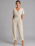 Sylvie | Women's Wrap-Front Two-Piece Set, Relaxed Cropped Trousers | My Sweet Wardrobe | Apricot