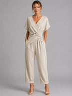 Sylvie | Women's Wrap-Front Two-Piece Set, Relaxed Cropped Trousers | My Sweet Wardrobe | Apricot