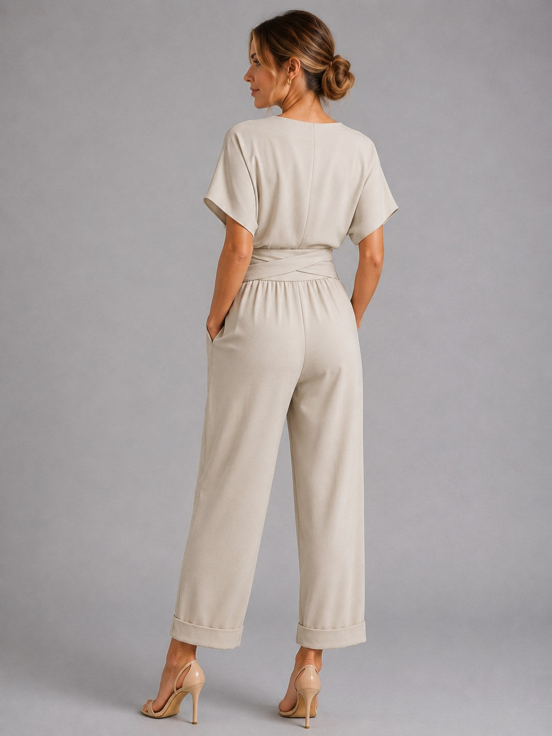 Sylvie | Women's Wrap-Front Two-Piece Set, Relaxed Cropped Trousers | My Sweet Wardrobe | Khaki