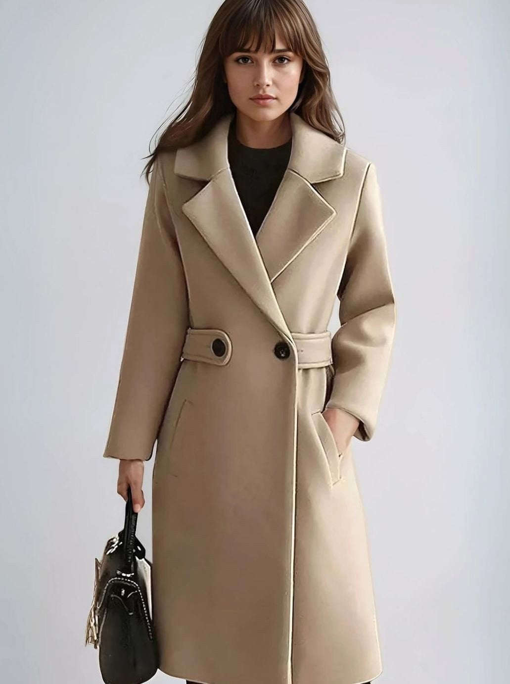 Theresa | Women's Longline Belted Coat with Notch Lapel, Tailored Autumn Coat | My Sweet Wardrobe | Camel