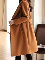 Theresa | Women's Longline Belted Coat with Notch Lapel, Tailored Autumn Coat | My Sweet Wardrobe | Camel