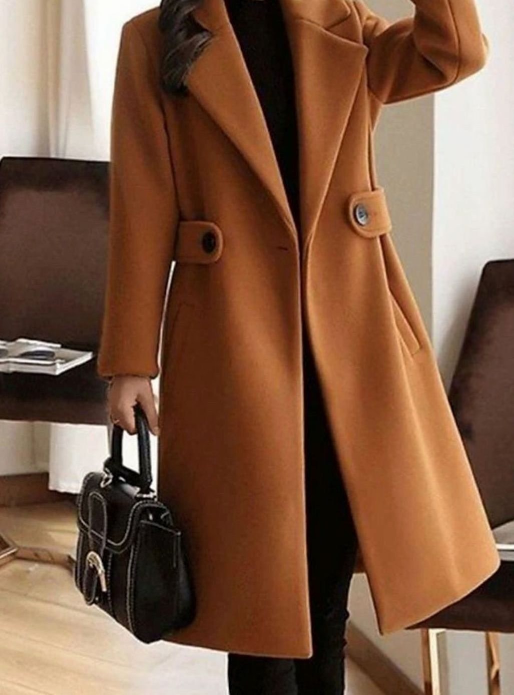 Theresa | Women's Longline Belted Coat with Notch Lapel, Tailored Autumn Coat | My Sweet Wardrobe | Camel