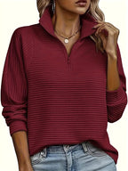 Therese | Women's Half-Zip Funnel Neck Sweater, Drop Shoulder Knit Jumper | My Sweet Wardrobe | Dark Red