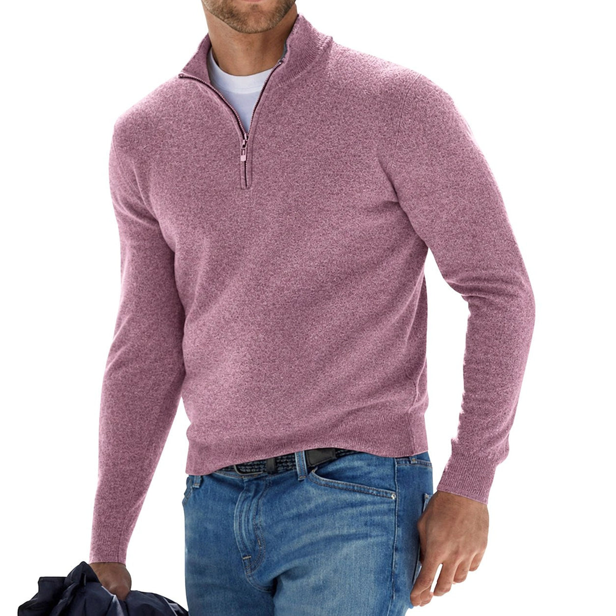 Toby | Men's Quarter-Zip Knit Jumper, Stand Collar Sweater | My Sweet Wardrobe | Pink