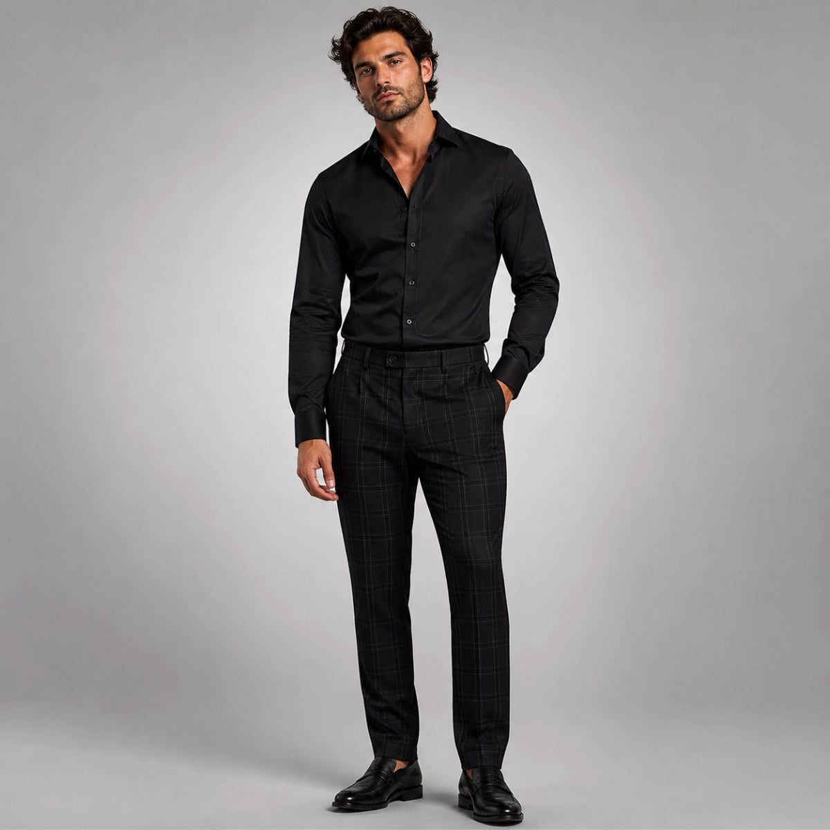 Tristan | Men's Checked Slim Fit Trousers, Smart Casual Trousers | Dressific | Dark Gray