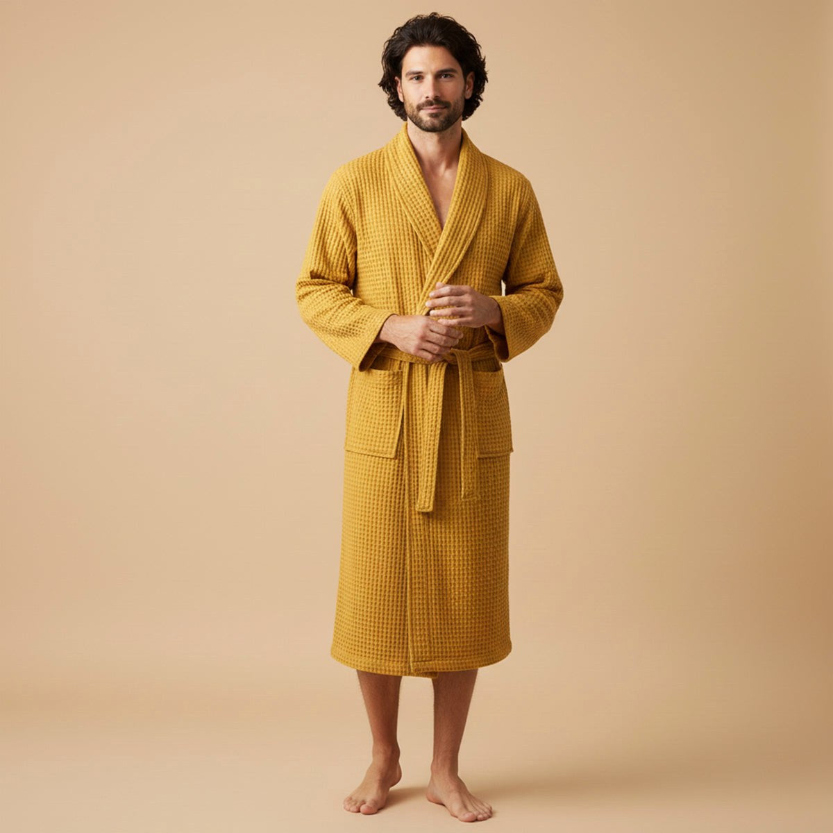 Tyler | Men's Cotton Waffle Lightweight Bathrobe, Spa Robe with Belt | Dressific | Yellow