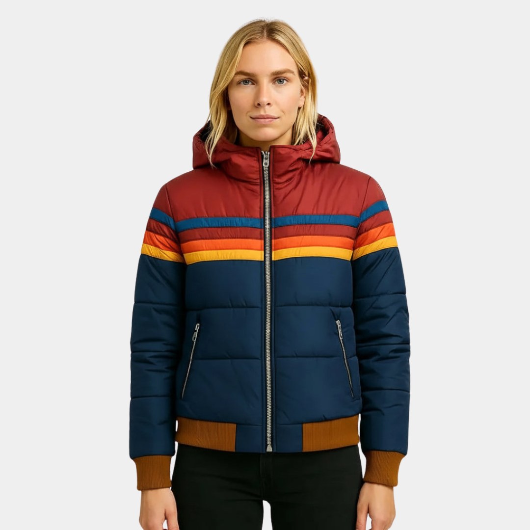 Veronique | Women's Retro Hooded Puffer Jacket, Striped Padded Autumn Coat | My Sweet Wardrobe | Navy blue