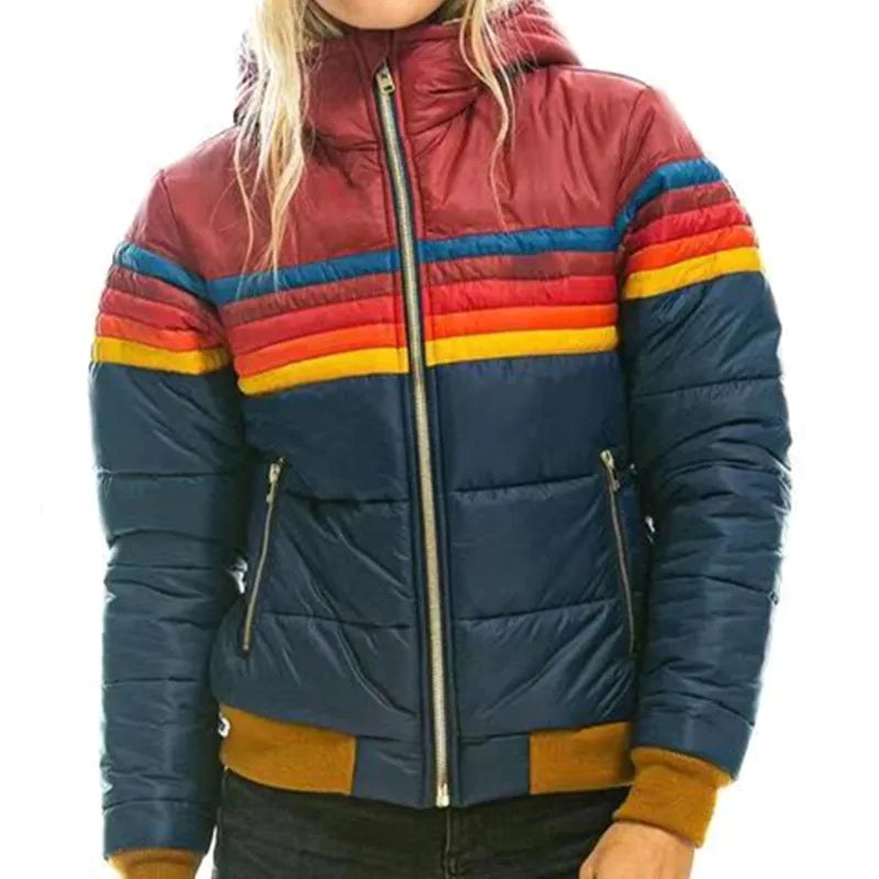 Veronique | Women's Retro Hooded Puffer Jacket, Striped Padded Autumn Coat | My Sweet Wardrobe | Black