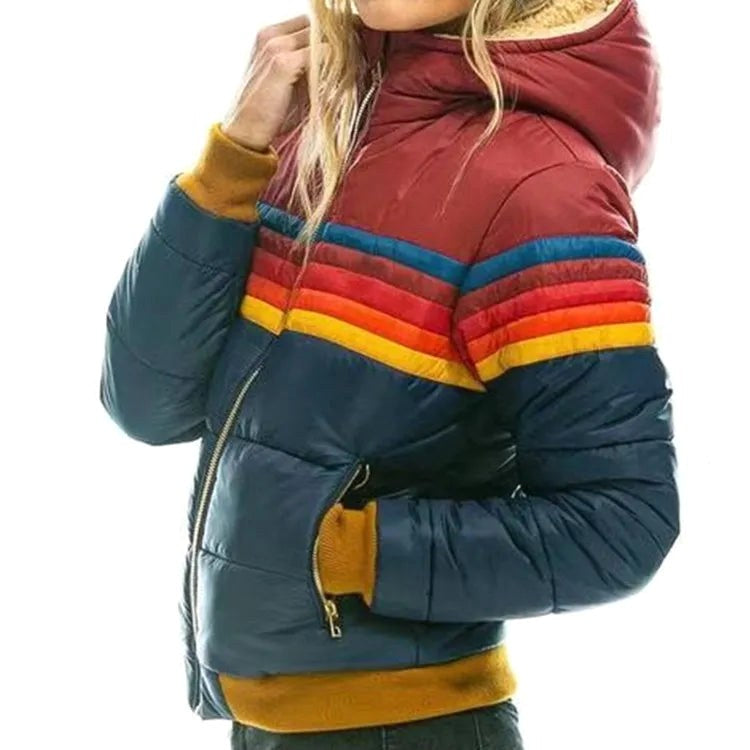 Veronique | Women's Retro Hooded Puffer Jacket, Striped Padded Autumn Coat | My Sweet Wardrobe | Turquoise