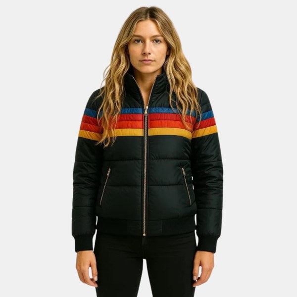 Veronique | Women's Retro Hooded Puffer Jacket, Striped Padded Autumn Coat | My Sweet Wardrobe