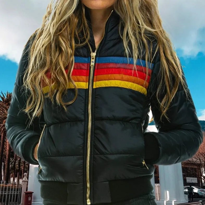 Veronique | Women's Retro Hooded Puffer Jacket, Striped Padded Autumn Coat | My Sweet Wardrobe