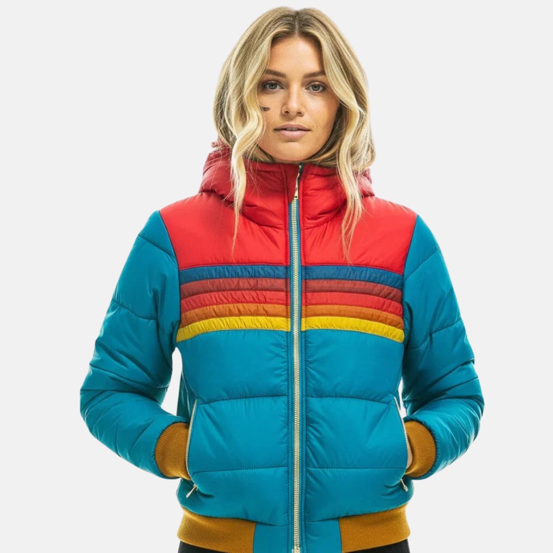 Veronique | Women's Retro Hooded Puffer Jacket, Striped Padded Autumn Coat | My Sweet Wardrobe