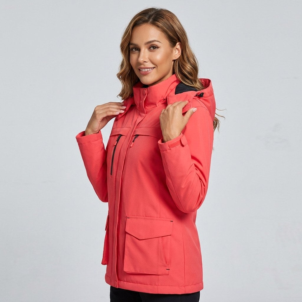 Victoire | Women's Hooded Heated Jacket with USB Power, Adjustable Temperature Jacket | My Sweet Wardrobe | Coral Red