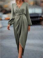 Weronika | Women's Satin Wrap Dress with Long Sleeves, Elegant Evening Dress | My Sweet Wardrobe